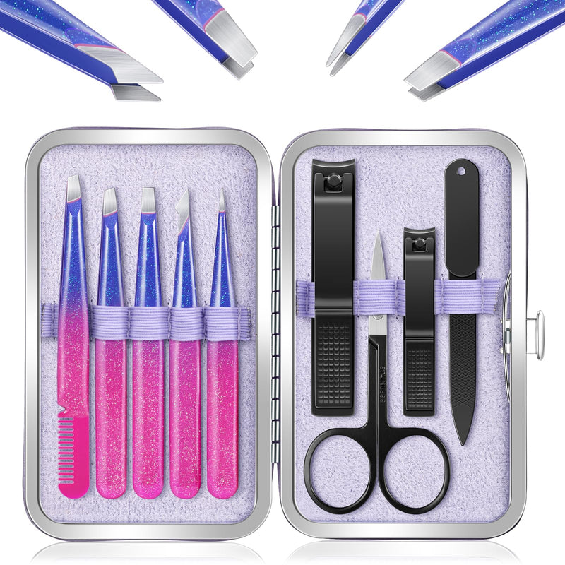 MORGLES Eyebrow Tweezers for Women and Nail Clipper Set with Travel Case Precision Tweezers for Facial & Ingrown Hair Removal with Scissors D-purple