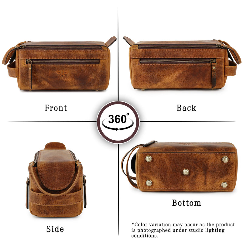 Premium Handmade Genuine Leather Toiletry Bag for Men & Women, Dopp Kit & Shaving Travel Organizer, Cosmetic Wash Bag with Zipper Pocket Travel Pouch, Gift for Him & Her - Tan Brown Tan (Large)