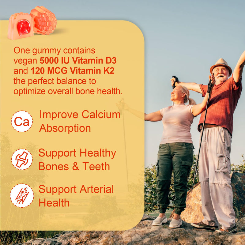 Vitamin D3 5000IU+K2(MK-7)120mcg,GLP-1 Friendly Vitamin D3 K2 Gummies,2Pack | Sugar Free with Vitamin B Complex -Methyl B12, B9, B6 | Vit E & Zinc, MCT Oil - Supports Bone & Teeth Strength, Immune 60 Count (Pack of 2)