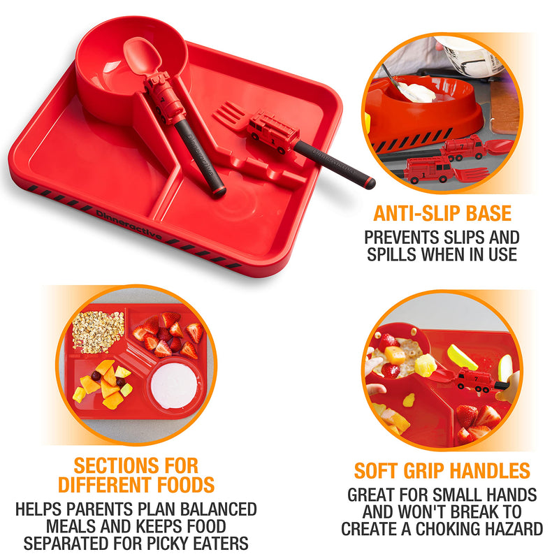 [Australia] - Dinneractive Dining Set For Kids - 3PC Red Firefighter Dinnerware - Fire Truck Utensils - Toddler Plates - Baby Dishes Firefighter Red 