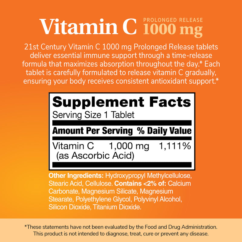 21st Century Vitamin C 1000mg Prolonged Release Tablets, Immune, 110ct | Vitamin C 1000 mg Prolonged-Release Ascorbic Acid, Immune & Antioxidant Support, Steady All-Day Release for Men & Women 110 Count (Pack of 1)