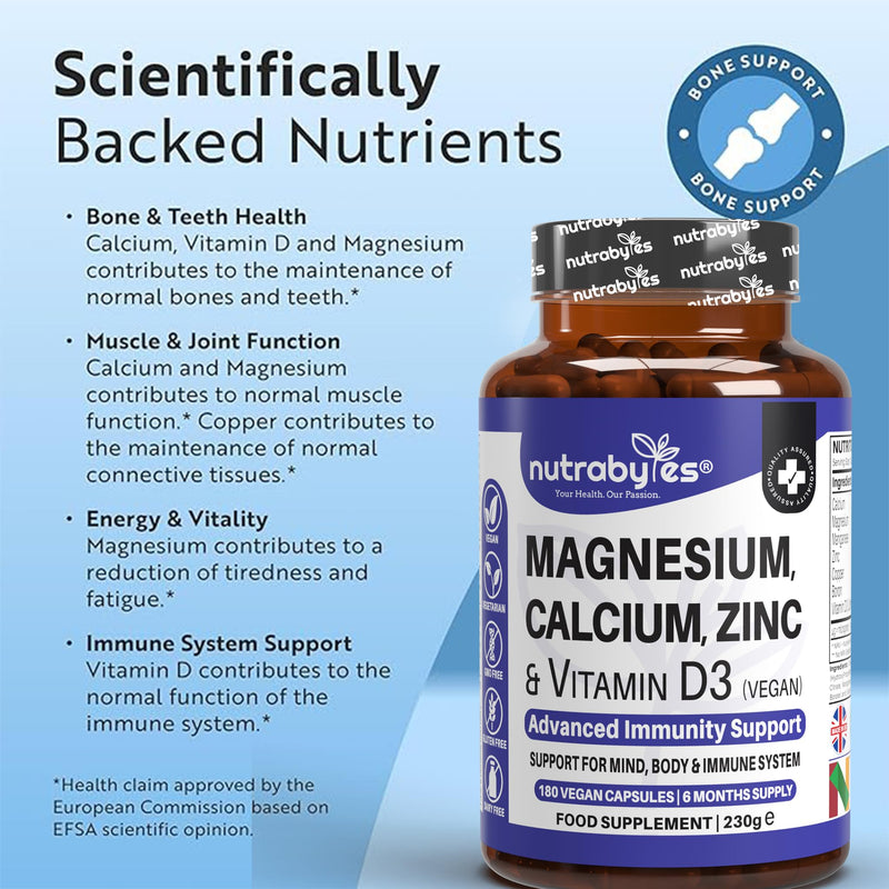 Calcium Magnesium Zinc Vitamin D3 | 180 Vegan Capsules | Bone Health Teeth Muscles Immune Support | with Copper Boron Manganese | Non-GMO Gluten Free | Women & Men | 6 Month Supply | UK