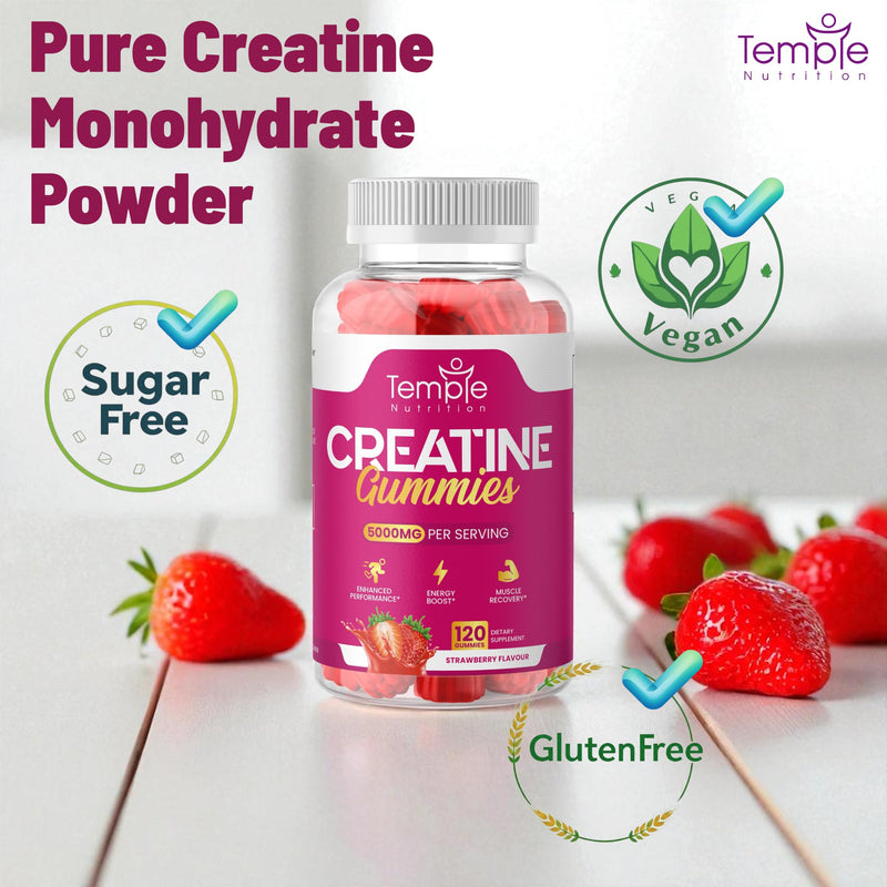 NEW Creatine Monohydrate Gummies 5000mg for Men & Women - 120 Chewable Creatine Gummies (1 Months Supply) - Strawberry Flavoured Creatine, Pre Workout Gym Supplement, Suitable for Vegans