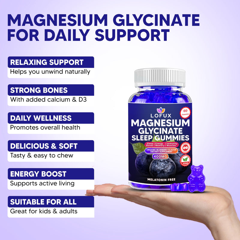 Lofux Magnesium Glycinate Gummies 400mg, Sugar Free Magnesium Gummies for Adults Women, Men, Chewable Supplement Gummy with L-Threonate, Vitamin D, B6, CoQ10 - for Calm, Sleep, Body Relaxation, 60 Ct Blueberry 1 Count (Pack of 60)