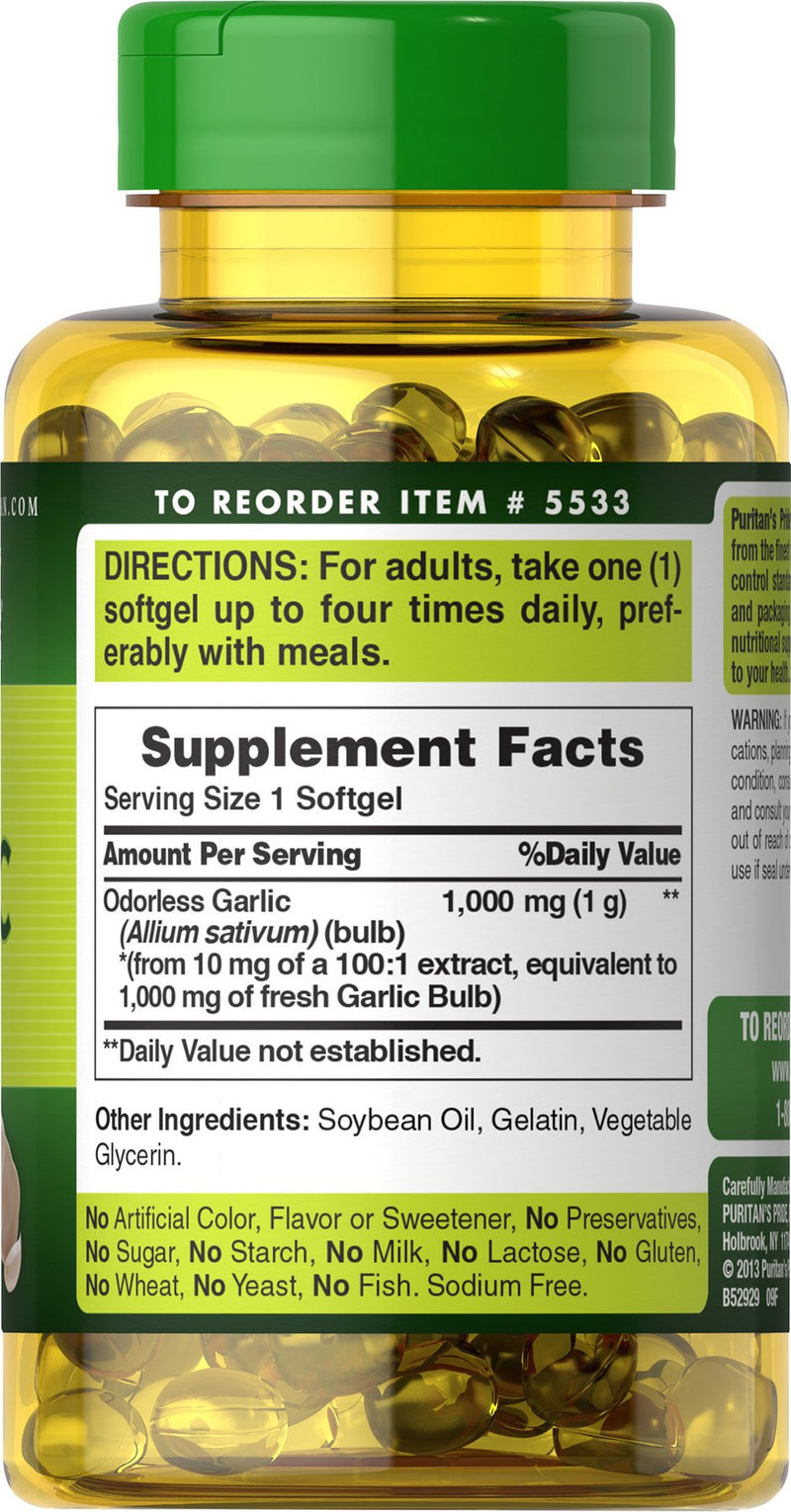 [Australia] - Puritan's Pride Odorless Garlic 1000 Mg Rapid Release Softgels, 250Count 250 Count (Pack of 1) 