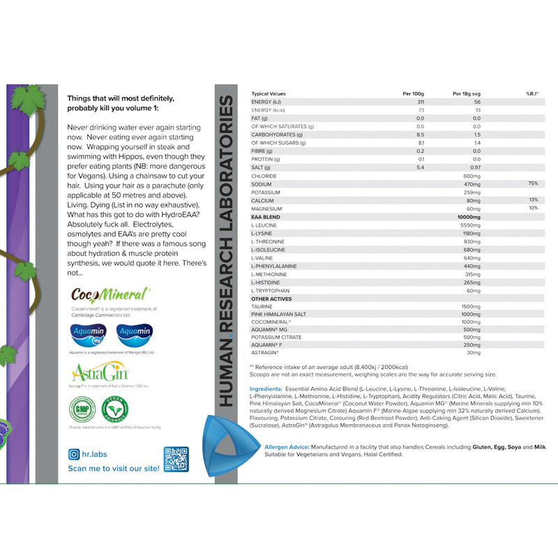 HydroEAA, Complete Hydration & EAA Essential Amino Acid Formula, with Comprehensive Electrolytes Profile, 540g, 30 Servings, 4 Flavours (540g, Grape Bubbalicious)