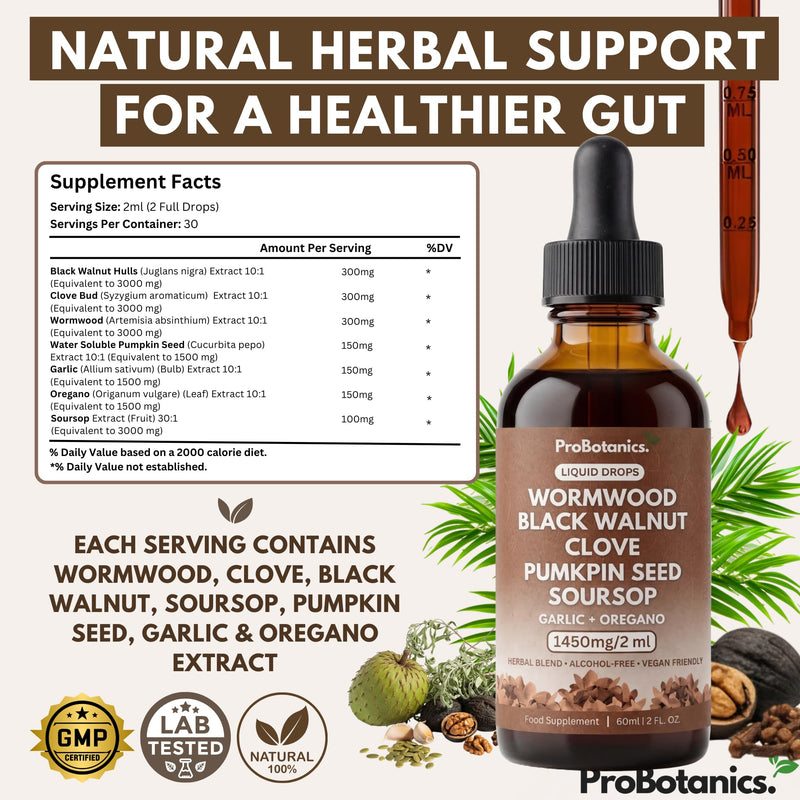 Wormwood Black Walnut and Clove Liquid Drops - All-in-One Botanical Herbal Extract Supplement | Digestive Support and Detox Aid for Human Gut Health - Alcohol Free | Vegan - 60ml