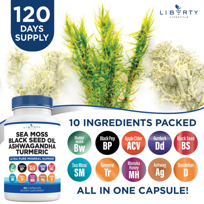 [Australia] - Sea Moss Black Seed Oil Ashwagandha Turmeric Bladderwrack Burdock - with Manuka, Honey Dandelion, ACV Black Pepper Gluten Free - 2-Pack 60 Count (Pack of 2) 