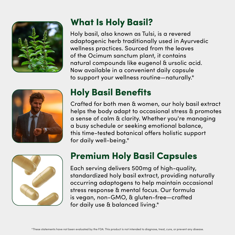 [Australia] - Holy Basil 500 mg - Mood & Relaxation Support - Tulsi Supplements for Women & Men - Vegan, Gluten Free, Dairy Free, Soy Free Non-GMO - 30 Capsules 