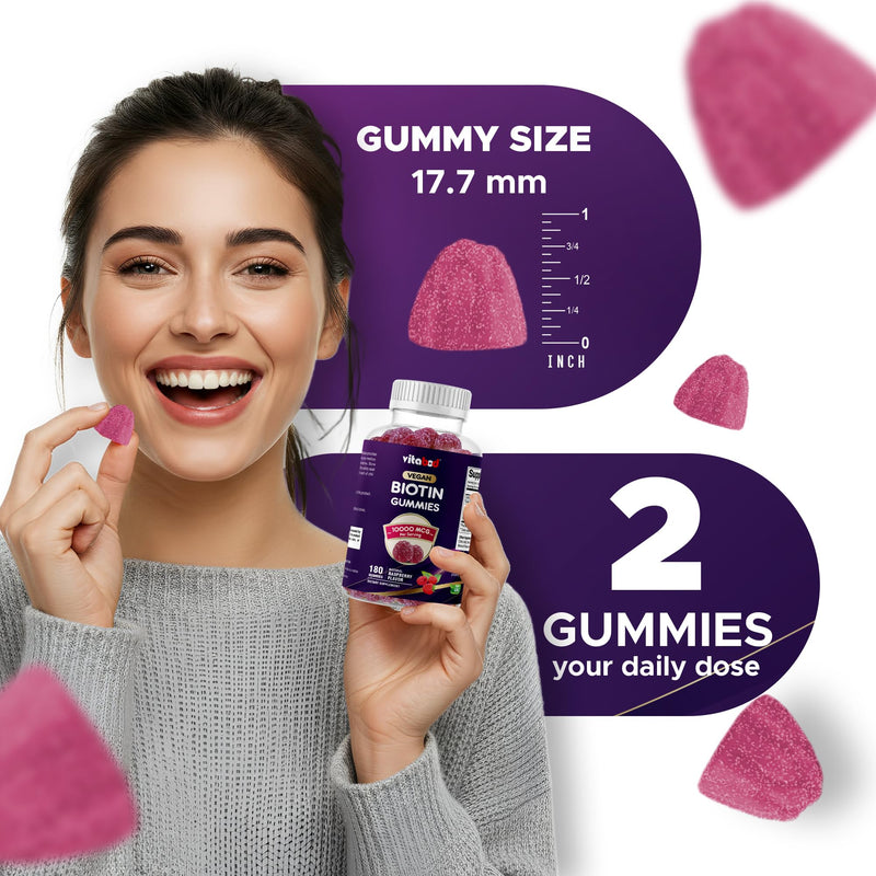 Vitabod Biotin Gummies 10,000 mcg – 180 Vegan Gummies Hair, Skin & Nails Support for Women, Men & Kids – Non-GMO, Gluten-Free, Delicious Flavor