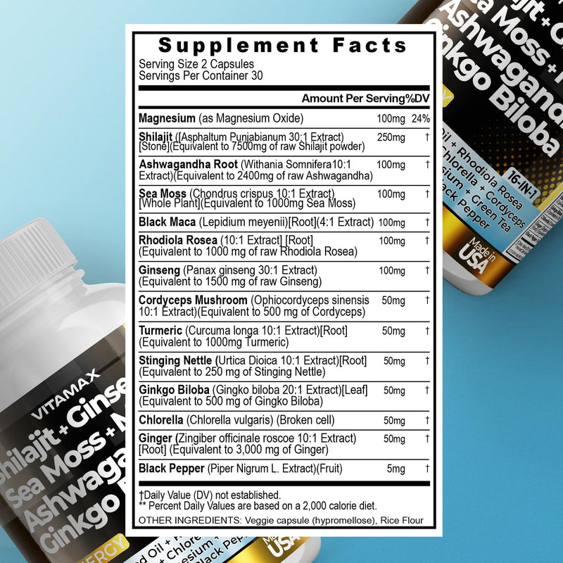 [Australia] - Pure Himalayan Shilajit Supplement, Ashwagandha, Sea Moss, Rhodiola Rosea, Gingko Biloba - Fulvic Acid & Trace Mineral Capsules for Men and Women ‚Äì Made in USA 