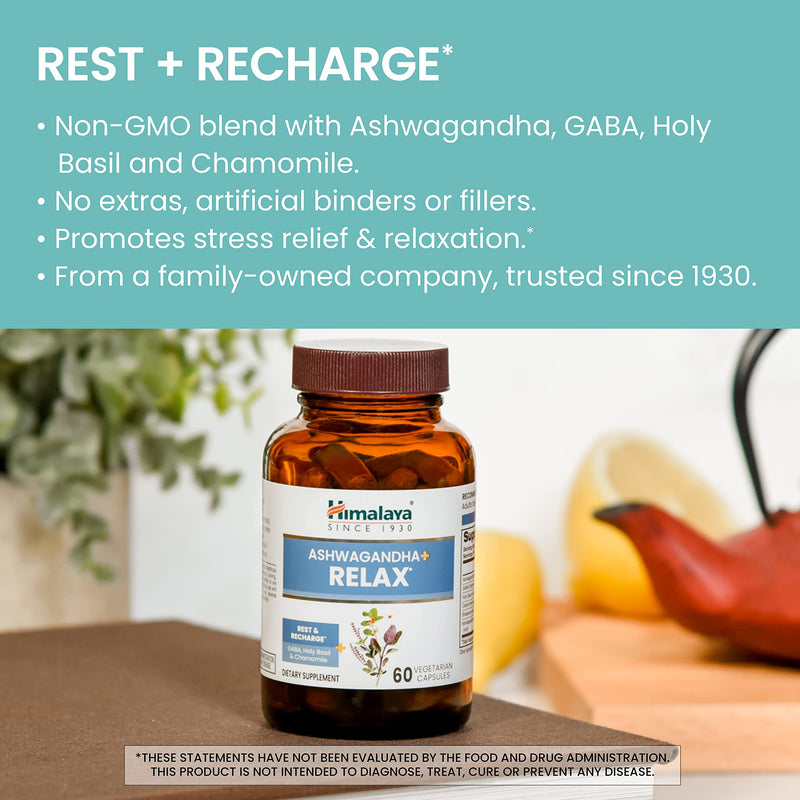 [Australia] - Himalaya Ashwagandha+ Relax, with GABA, Holy Basil & Chamomile for Reset, Relaxation & Stress Relief, Vegan, Gluten Free, 540 mg, 60 Vegetarian Capsules, 1 Month Supply 