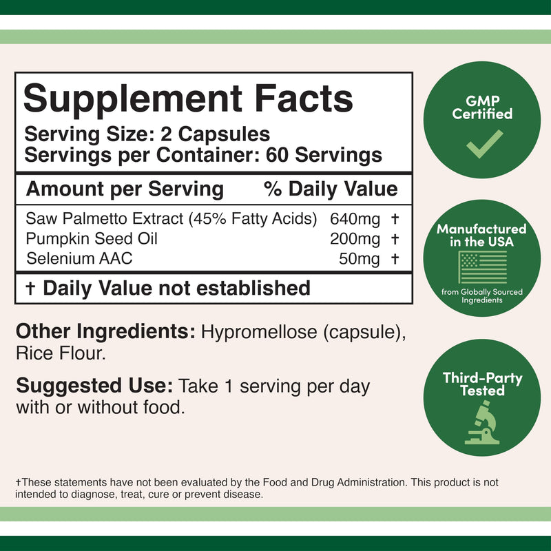 [Australia] - Prostate Support Supplement for Men's Health (120 Capsules) One Serving per Day for 30 Days Supports Prostate Function and Urinary Control (Saw Palmetto, Pumpkin Seed Oil, Selenium) by Double Wood 