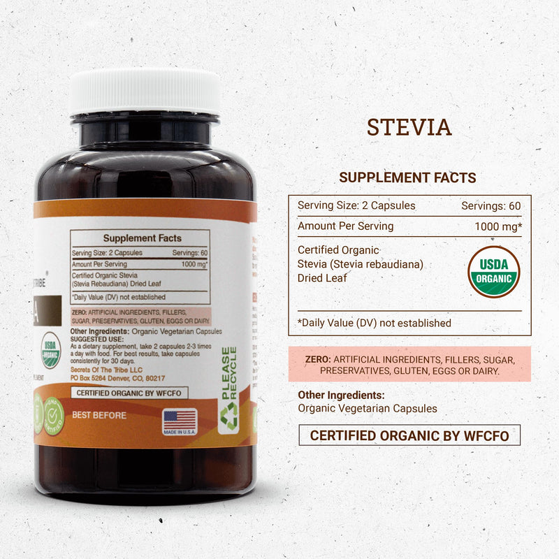 [Australia] - Stevia 120 Capsules, 1000 mg, USDA Organic Stevia (Stevia Rebaudiana) Dried Leaf (120 Capsules) 120 Count (Pack of 1) 