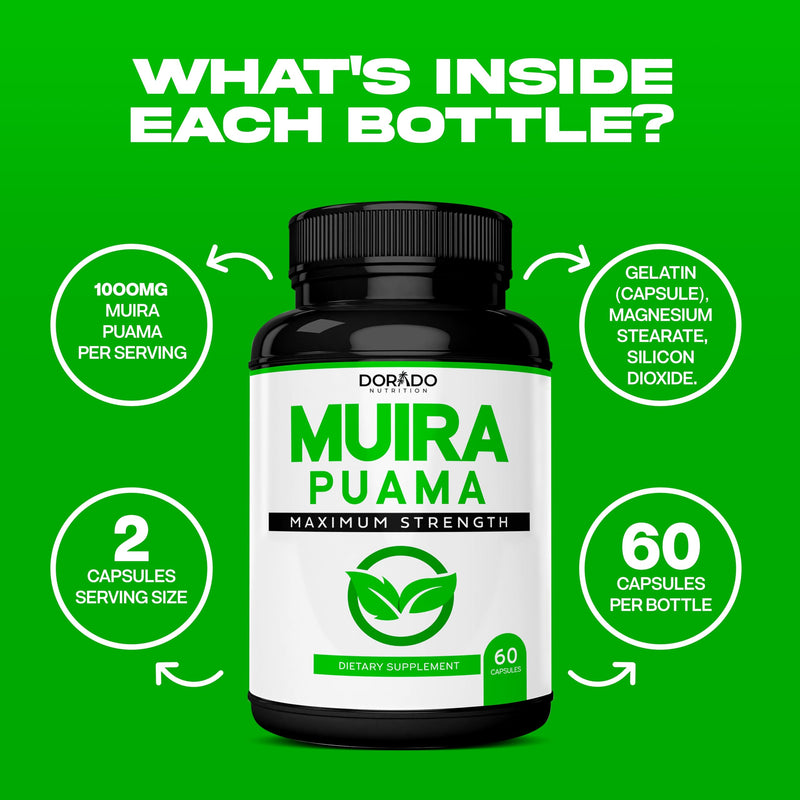 [Australia] - Muira Puama Root Extract 1000mg for Men and Women - Premium Capsules - 60 Count - Zero Fillers - Third Pary Tested - Gluten Free & Non-GMO - USA Made - Quality Guarantee - Tested for Potency & Purity 