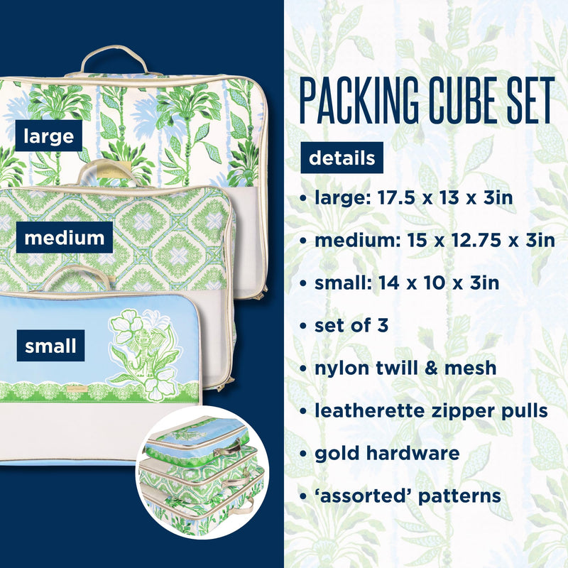 Lilly Pulitzer Packing Cubes Set of 3, Swayin in the Breeze | Resort Ready Polyester & Mesh Suitcase Luggage Organizers in 3 Sizes with Metallic Leatherette Trim & Handles for Travel