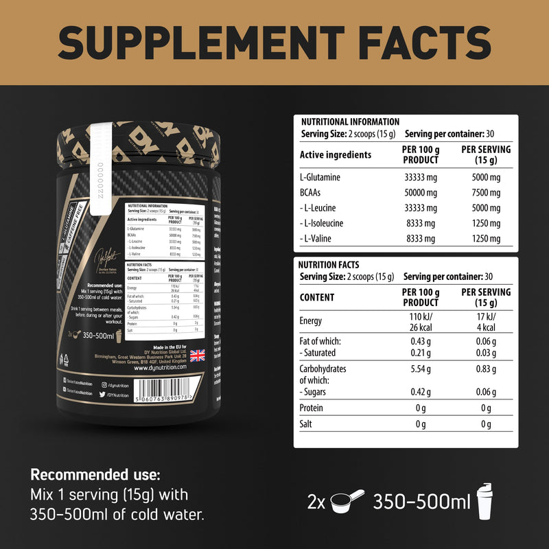 DY Nutrition HIT BCAA 4:1:1 + Glutamine, 450g, 30 Servings (Cherry Flavour) Branch Chain Amino Acid Powder Drink for Optimal Pump & Performance | Pre & Intra Workout Supplement Cherry
