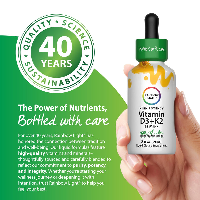 Rainbow Light Vitamin D3 + K2 as MK7 | 2 Fl Oz | 2,000IU Vitamin D | High Potency Formula | Vegetarian, Non-GMO, Gluten Free