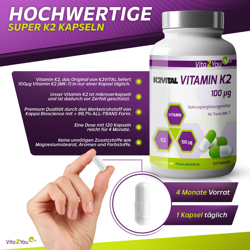 [Australia] - Vita2You Vitamin K2-100µg - 120 capsules - K2VITAL® - MK-7-99.7% All Trans - Premium quality from Kappa - Made in Germany 