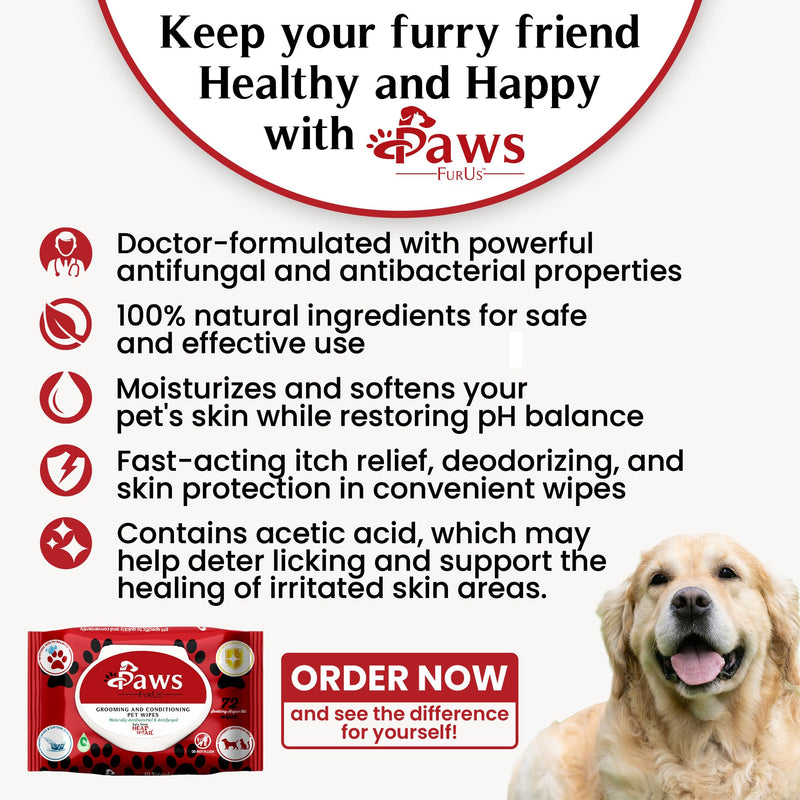 PawsFurUs® All-Natural Pet Wipes for Dogs & Cats - Doctor-Formulated for Total Pet Care with Antifungal & Antibacterial Protection, pH Balancing, Moisturizing, Deodorizing & Fast Itch Relief - 72ct. - PawsPlanet Australia