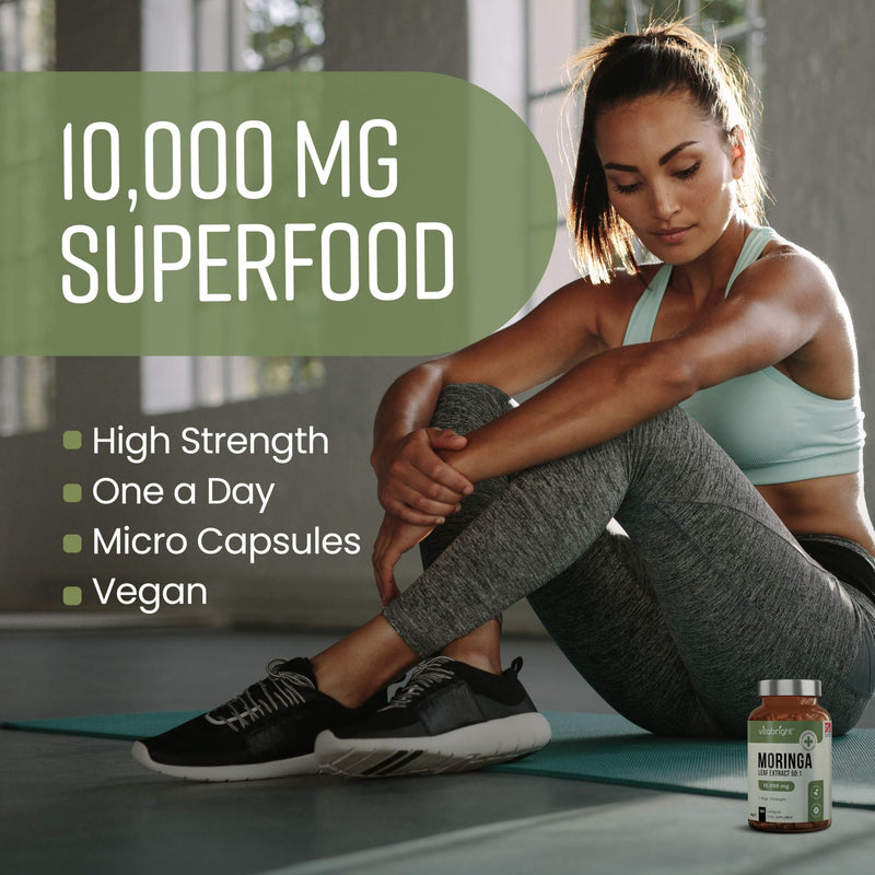 Pure Moringa Capsules | High Strength 10,000mg | 4 Months - 1 Per Day | No Additives | Vegan Superfood Powder Capsules | Pure Moringa Leaf Extract | VitaBright - Made in UK