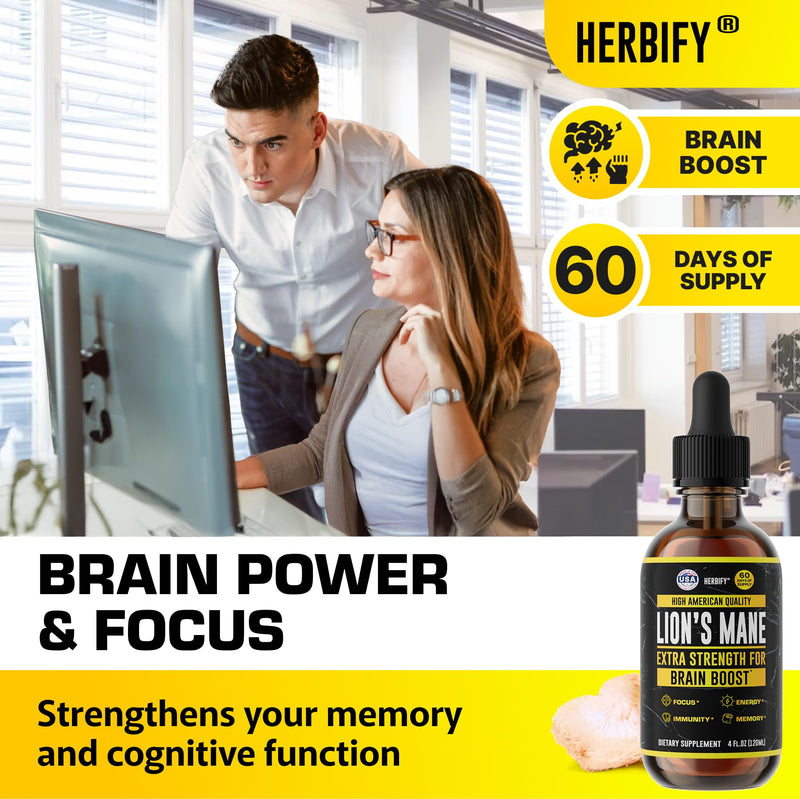 [Australia] - HERBIFY Lions Mane Supplement - Daily Mushroom Supplement for Memory, Focus & Clarity - Brain Booster - Lions Mane Tincture for Immune Support - 4 Fl oz Unflavored 4 Fl Oz (Pack of 1) 