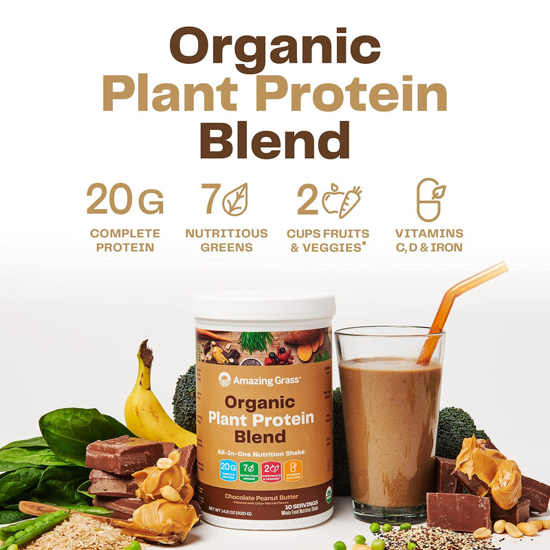 Amazing Grass Organic Plant Protein Blend: Vegan Protein Powder, New Protein Superfood Formula, All-in-One Nutrition Shake with Beet Root, Chocolate Peanut Butter, 10 Servings, 14.8 Ounce (Pack of 1) 14.8 Ounce (Pack of 1)