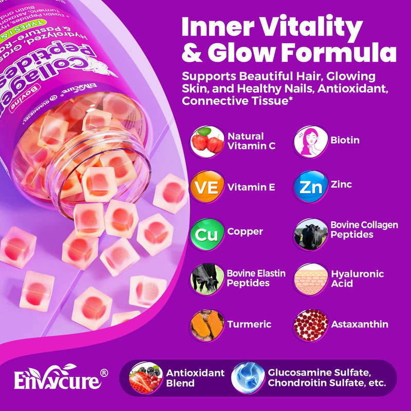Collagen Gummies for Women Men, 4g / 2g Hydrolyzed Collagen Peptides Type I, III from Grass-Fed Bovine, + Elastin Peptides, Hyaluronic Acid, Biotin, Vitamin C for Skin, Hair, Nails, Sugar-Free, 1 Pack
