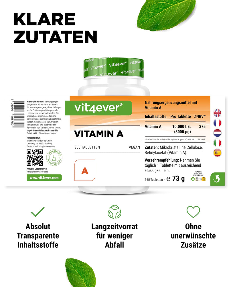 [Australia] - Vitamin A - 10,000 IU (3000 µg) - 365 tablets - Alternative to capsules - High-dose retinyl acetate - Without unwanted additives - Eyes, skin, immune system - Vegan 