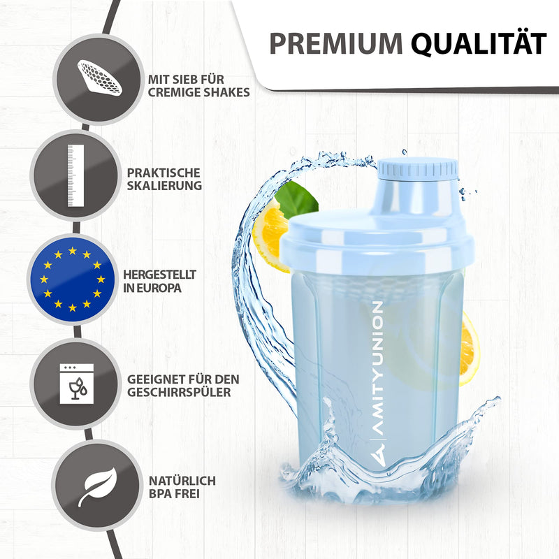 [Australia] - Protein shaker 300 ml “Heaven” leak-proof, BPA free with click-in sieve & scale for creamy whey shakes, gym fitness cup for isolates & sports concentrates, protein shaker, original in sky blue 