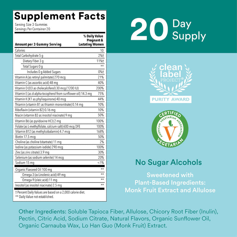 [Australia] - SmartyPants Prenatal Vitamins for Women, Sugar Free Multivitamin Gummies: Methylfolate, Omega 3 (ALA) Vitamin D3, C, Vitamin B12, B6, A, K & Zinc, Inositol, Erythritol Free, 60 Count (20 Day Supply) Old Formula 