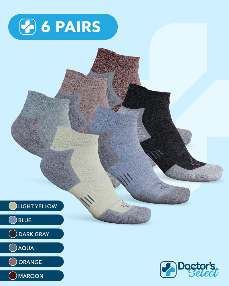 [Australia] - Doctor's Select Bamboo Viscose Ankle Diabetic Socks for Women & Men - 6 Pairs Viscose Bamboo Socks Woman, Low Cut Non Binding Black/Aqua/Blue/Maroon/Light Yellow/Orange - 6 Pairs Large 