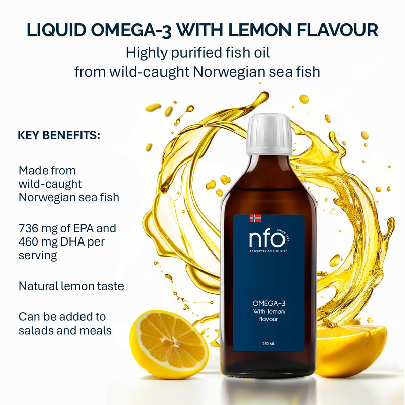 NFO Omega 3 Oil Lemon 250 ml – High Strength Liquid Fish Oil from Norway – Triglyceride Form with EPA DHA – Natural Lemon Taste – with Vitamin E