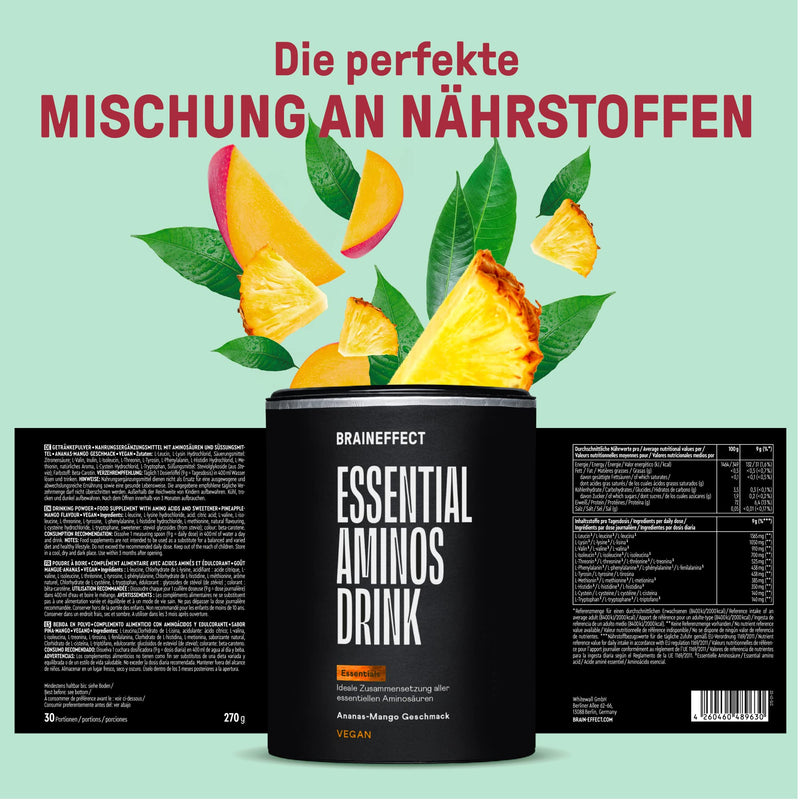 [Australia] - BRAINEFFECT EAAs & BCAAs - All 11 amino acids - Thyroid aid - Sugar-free (with stevia) & No additives & inulin for increased absorption - 270g - Mango-pineapple flavor 