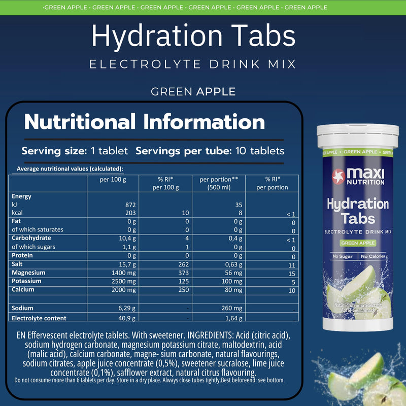 MaxiNutrition Hydration tabs, Green Apple, Zero Sugar| Effervescent Electrolyte Tablets| for Improved Hydration and Recovery | Suitable for Vegans and Vegetarians | 6 x 10 Tablets (6 Pack)