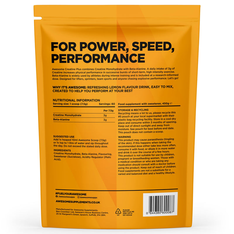 Awesome Creatine Plus+ Powder – 3g Creatine Monohydrate + 3g Beta-Alanine Per Serving – Supports High-Intensity Performance & Repeated Efforts – Lemon Flavour – 450g (60 Servings)