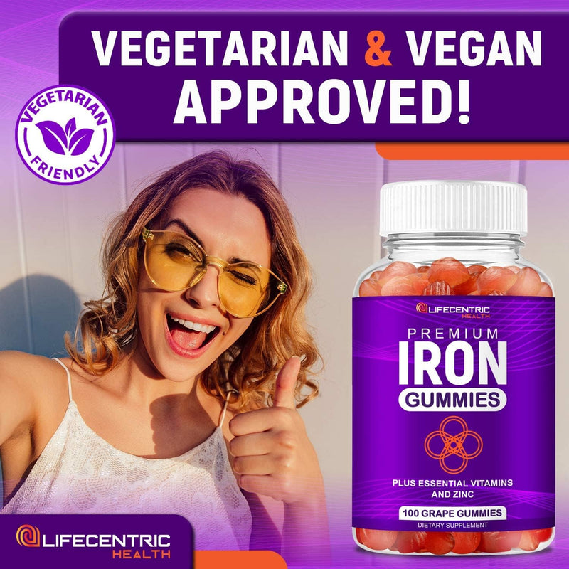 [Australia] - LifeCentricHealth Iron Gummies for Adults & Kids | Biotin Zinc Vitamin B Folic Acid Gummies | Vegan Gluten Free Blood Builder Anemia Supplements | Tasty Energy Boosting Iron Supplement for Women & Men 