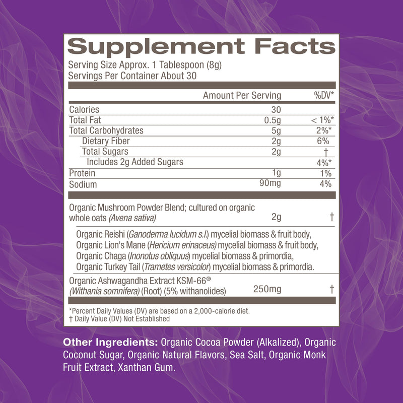 [Australia] - OM MUSHROOM SUPERFOOD Hot Chocolate Blend Mushroom Powder, 8.47 Ounce Canister, 30 Servings, Cocoa, 2g of Sugar, 25 Calories, Lion's Mane, Reishi, Chaga, Turkey Tail, Focus and Stress Support 8.47 Ounce (Pack of 1) 