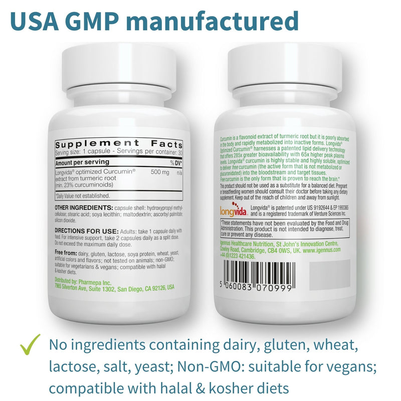 [Australia] - Igennus Longvida Lipidated Curcumin 500mg, Ultra Bioavailable & Sustained Action, 65x Higher Plasma Levels, Intensive Support, Free-Form Curcumin, Vegan, 30 Capsules 30 Count (Pack of 1) 