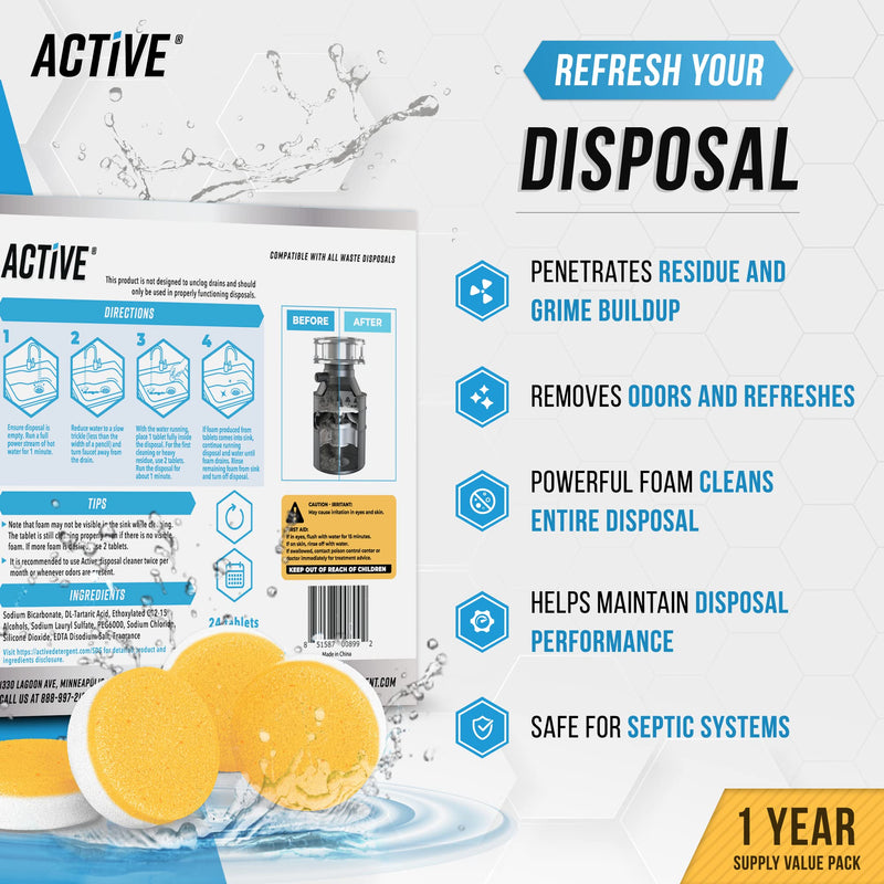 Garbage Disposal Cleaner Deodorizer Tablets 24 Pack - Fresh Citrus Foaming Scrub Sink and Disposer Freshener, Natural Kitchen Drain Cleaning Tablet - 1 Year Supply