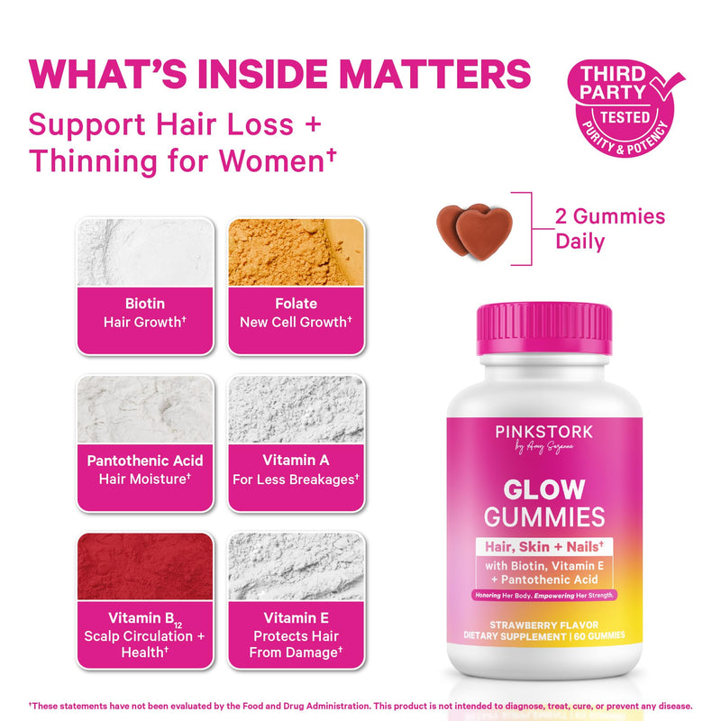 Pink Stork Total Glow Gummies for Women – 60 Berry Gummies | Hair, Skin & Nails Vitamin with Biotin, Vitamin A, B6, B12, Folate, Zinc - Radiant Skin Support, Strong Nails Support