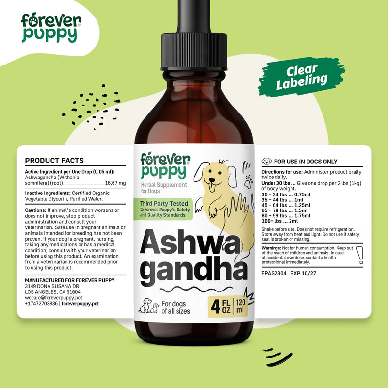 Ashwagandha Drops for Dogs - Calming Care with Ashwagandha Root Tincture - Liquid Alternative to Calming Chews for Dogs' Composure & Relaxation - Canine Vitamins and Supplements - 4 oz 4 fl oz - PawsPlanet Australia