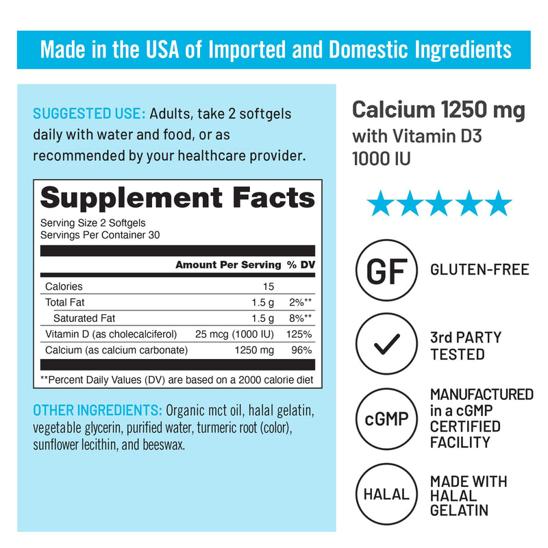 [Australia] - NatureWise High-Purity, All-Natural Calcium 1250mg + Vitamin D3 1000IU + Organic MCT Coconut Oil - Pregnancy Safe + Non-GMO - Absorption Friendly, Gluten Free - 60 Softgels[30-Day Supply] Unflavored 60 Count (Pack of 1) 
