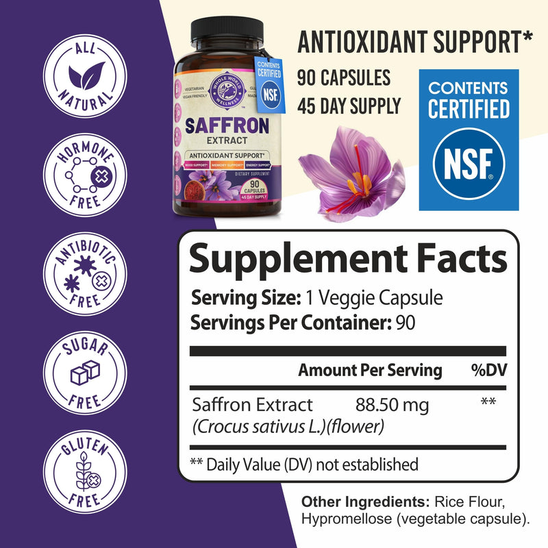 [Australia] - 100% Pure Saffron Extract - Supports Weight and Appetite Health, Mood, Focus, Memory, Digestion, Eye, Skin and Brain Health. NSF Certified Saffron Supplements for Women and Men, 45-Day Supply. 
