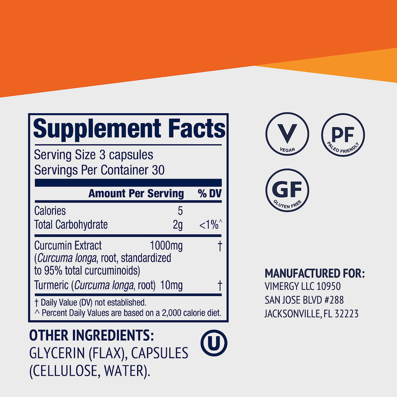 [Australia] - Vimergy Curcumin with Turmeric, 30 Servings – Immune System Supplement – Liquid Capsules - Non-GMO, Gluten-Free, Soy-Free, Kosher, Vegan & Paleo Friendly (90 Count) 90 Count (Pack of 1) 
