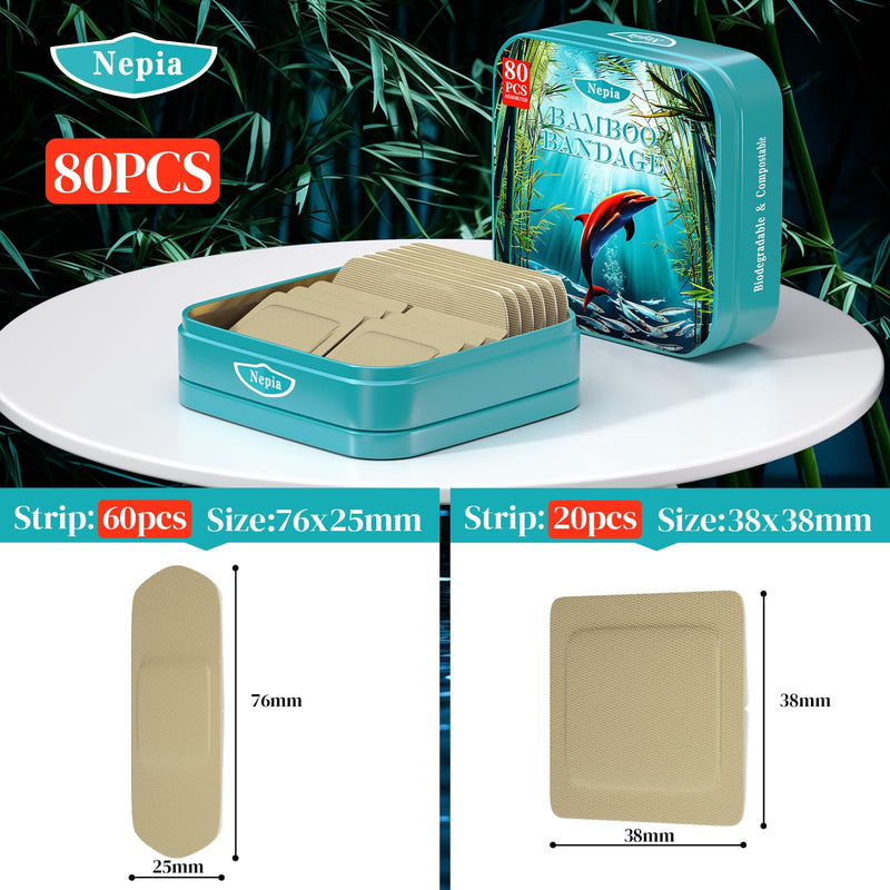 [Australia] - 80 PCS Tin Boxes Bamboo Bandages for Sensitive Skin, Eco Friendly Bandage, Latex Free Bandages Family Pack, Compostable, Biodegradable, Sterile, Flexible & First Aid Square & Strip Bandage Family Pack 