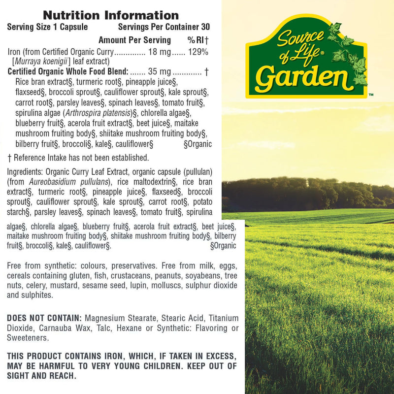 NaturesPlus Source of Life Garden Iron - 18 mg Organic Plant Based Gentle Iron Supplement, Highly Bioavailable - Vegan, Gluten Free, One A Day - 30 Capsules