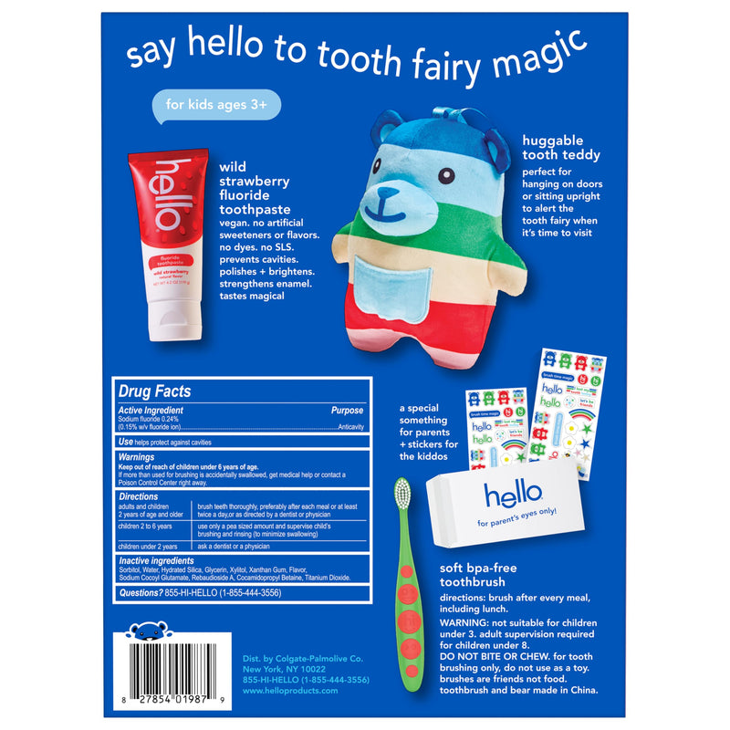[Australia] - hello Tooth Fairy Kit with Tooth Fairy Door Hanger and Teddy Bear, Includes Full Size Fluoride Kids Strawberry Toothpaste and Kids Toothbrush, for Children Ages 3 and Up 0.84 Ounce (Pack of 5) 