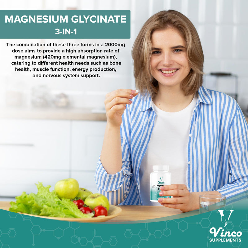 Vinco Magnesium Glycinate 3-in-1 Complex - 2000mg Supplements as Bisglycinate, Citrate & Malate 120 Capsules, Triple High Absorption 420mg Elemental, UK Made