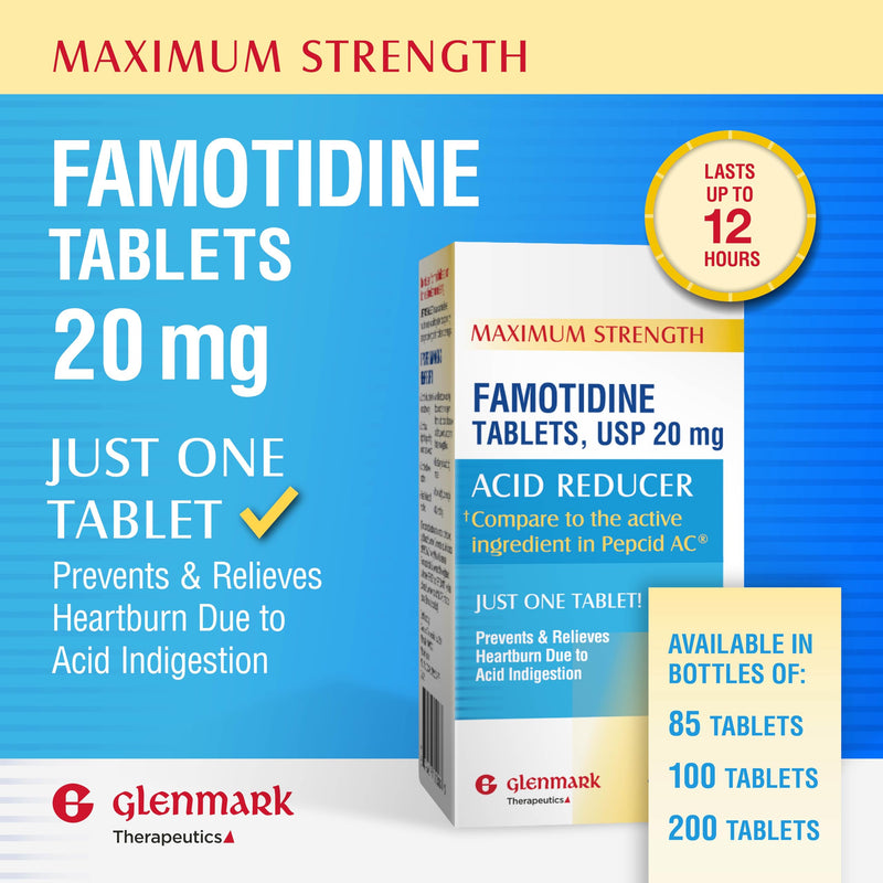[Australia] - Glenmark Maximum Strength Famotidine Tablets, 20 mg, Acid Reducer for Heartburn Relief, 200 Count 